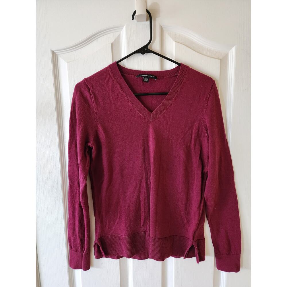 Katherine Barclay Womens Magenta 100% Extra Fine Merino Wool V-Neck Sweater M